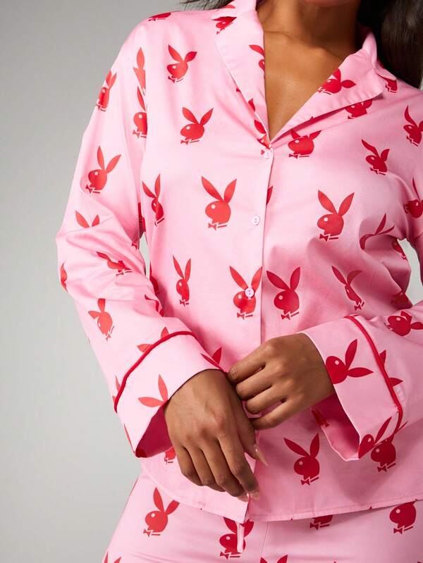 Missguided Missguided X Playboy Print Pajama Set With Button Up Top