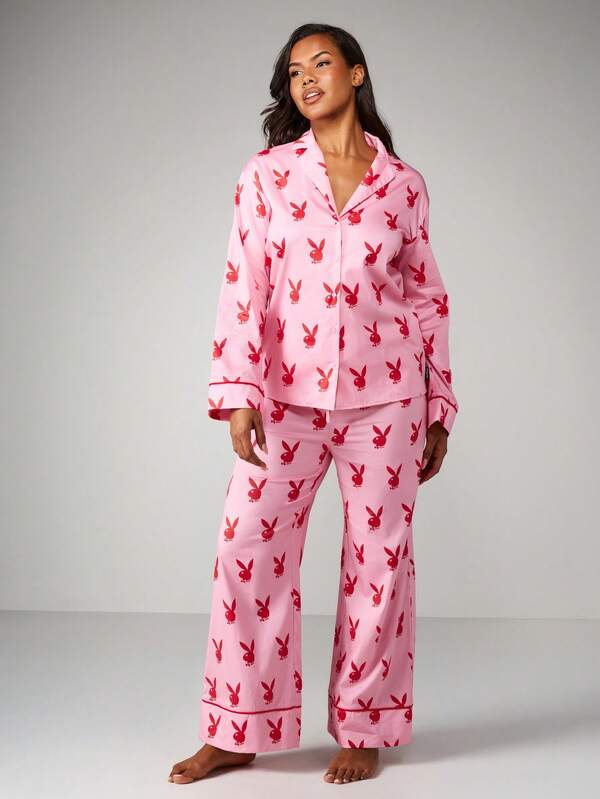 missguided Missguided x Playboy Print Pajama Set With Button Up Top