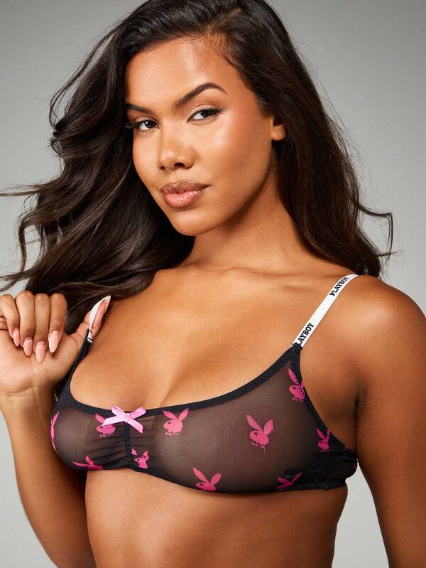 Missguided Missguided X Playboy Printed Mesh Bralette And Thong Set