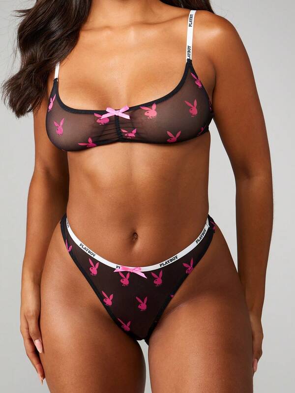 missguided Missguided x Playboy Printed Mesh Bralette And Thong Set