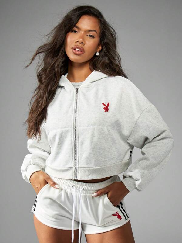 Missguided Missguided X Playboy Puff Print Cropped Zip Up Retro Style Long Sleeve Hoodie Sweatshirt