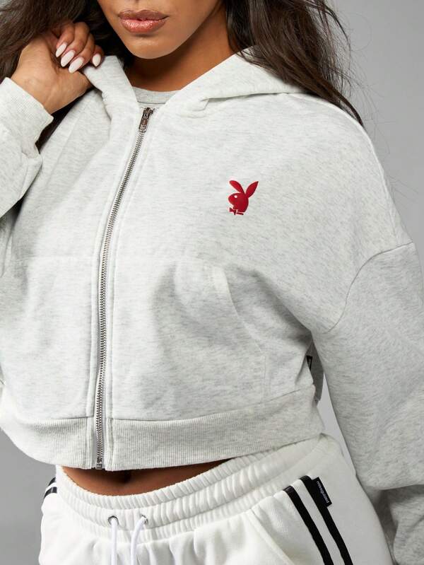 Missguided Missguided X Playboy Puff Print Cropped Zip Up Retro Style Long Sleeve Hoodie Sweatshirt