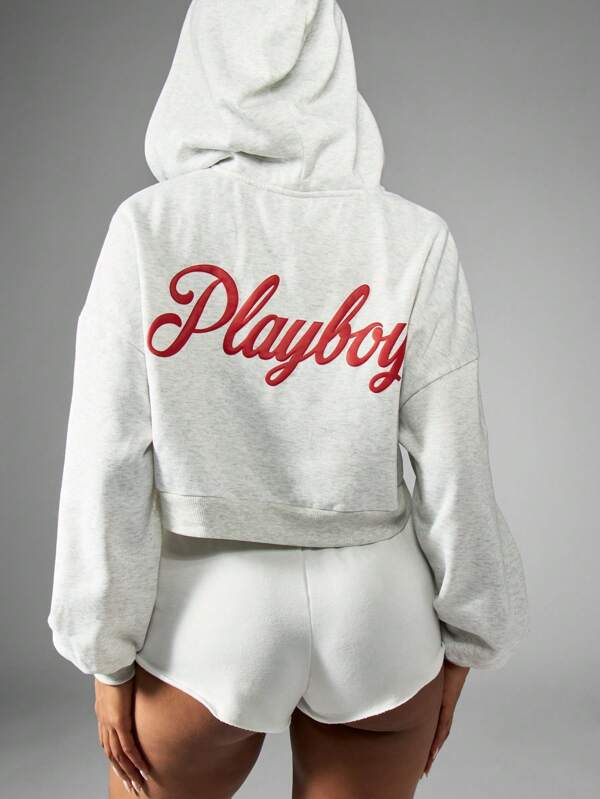 missguided Missguided x Playboy Puff Print Cropped Zip Up Retro Style Long Sleeve Hoodie Sweatshirt