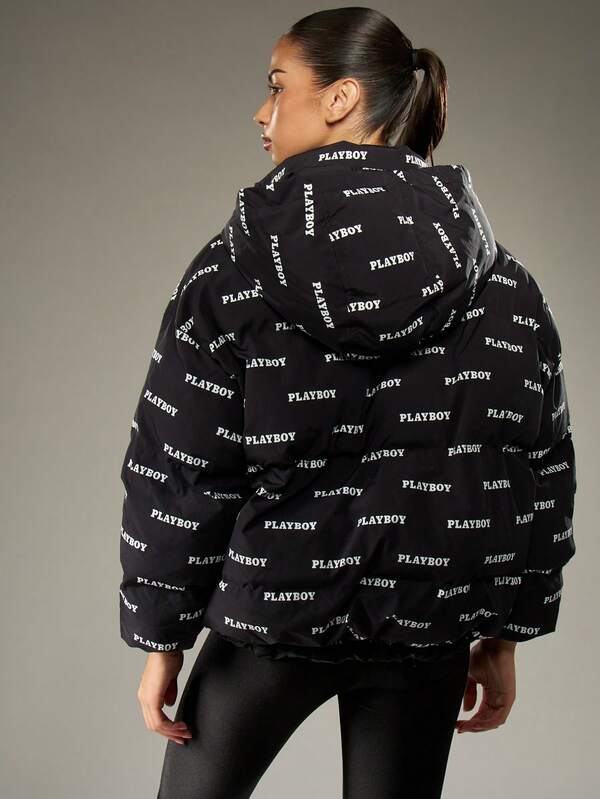 Missguided Missguided X Playboy Quilted Puffer Jacket With Hood And Logo Print