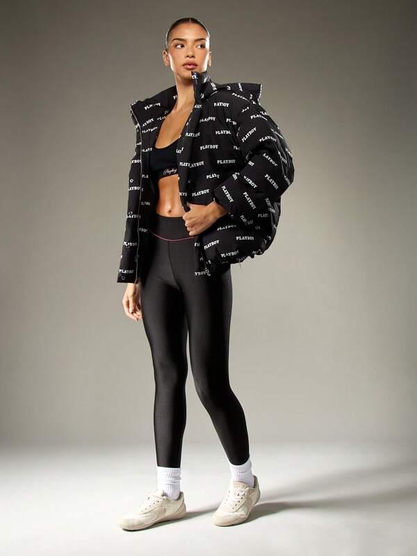 Missguided Missguided X Playboy Quilted Puffer Jacket With Hood And Logo Print