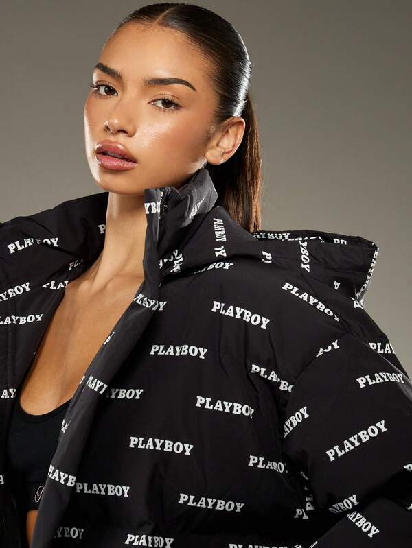 Missguided Missguided X Playboy Quilted Puffer Jacket With Hood And Logo Print