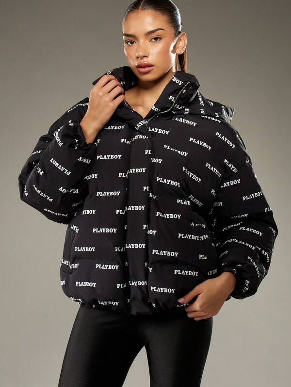 missguided Missguided x Playboy Quilted Puffer Jacket With Hood And Logo Print