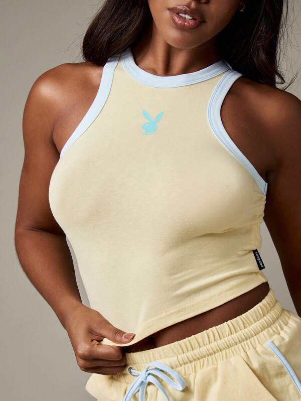 missguided Missguided x Playboy Racerback Crop Tank With Logo Design And Contrast Trim