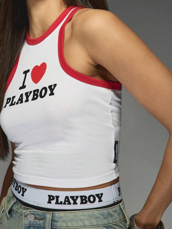 Missguided Missguided X Playboy Racerback Tank Top With Contrast Logo Print