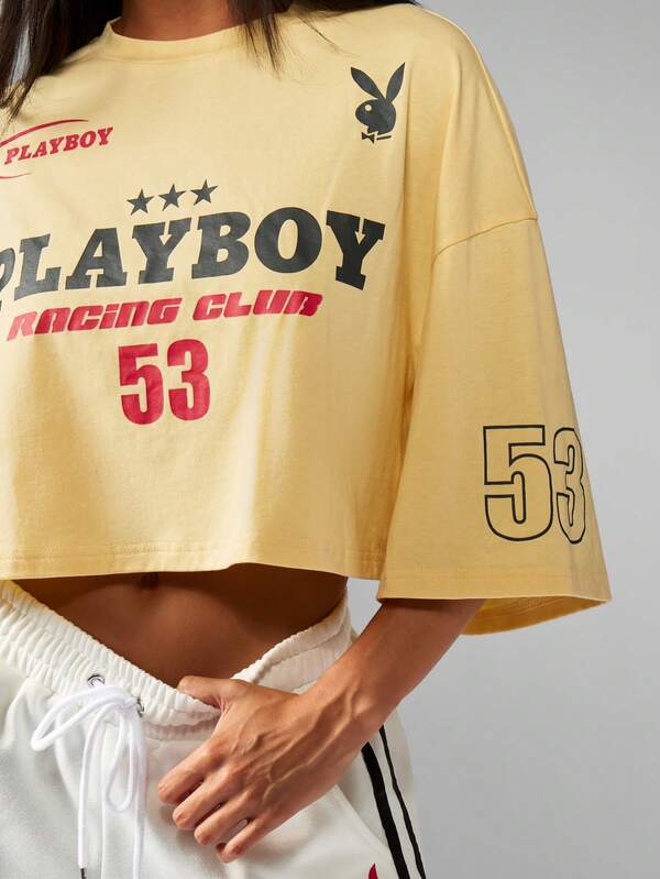 Missguided Missguided X Playboy Racing Club Crop T-Shirt With Checkered Flag Design