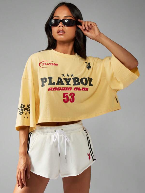 missguided Missguided x Playboy Racing Club Crop T-Shirt With Checkered Flag Design