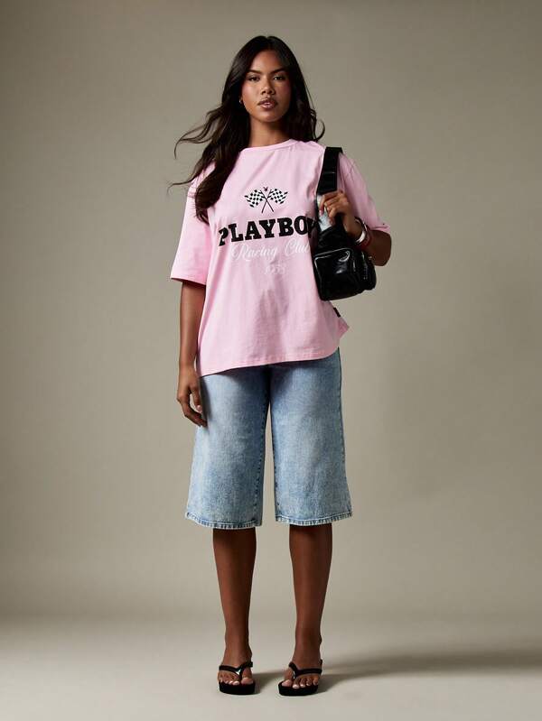 Missguided Missguided X Playboy Racing Club Graphic T Shirt With Checkered Flag Design