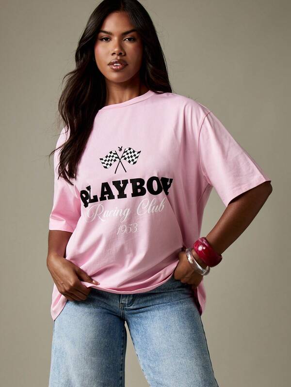 Missguided Missguided X Playboy Racing Club Graphic T Shirt With Checkered Flag Design