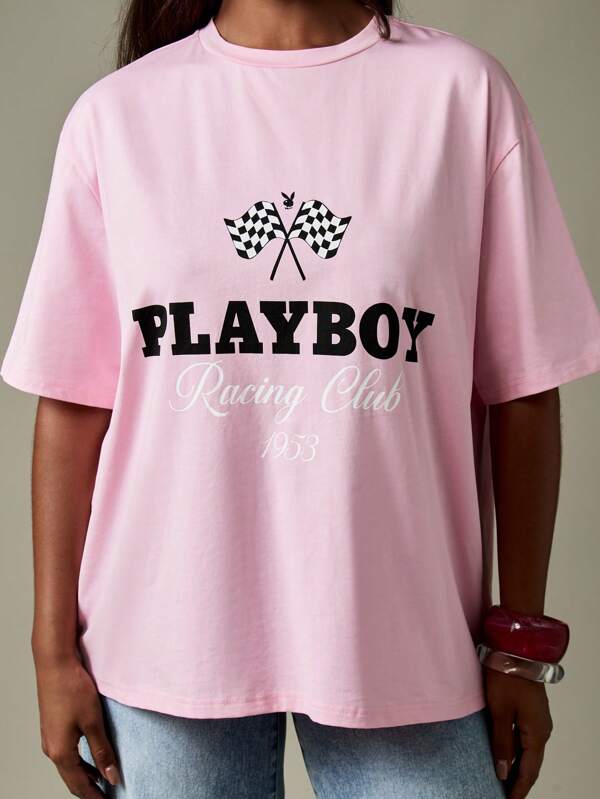 missguided Missguided x Playboy Racing Club Graphic T Shirt With Checkered Flag Design