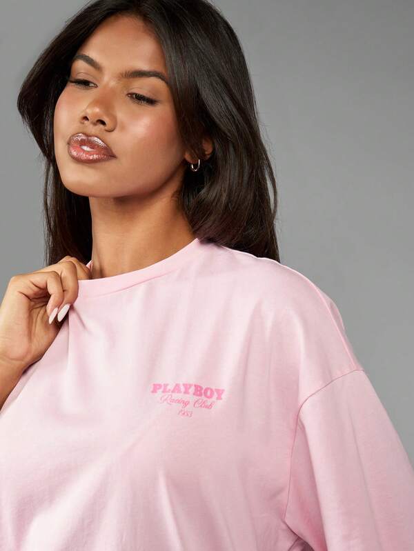 Missguided Missguided X Playboy Racing Club Motorsport Checkered Flag Graphic Oversized Women T-Shirts