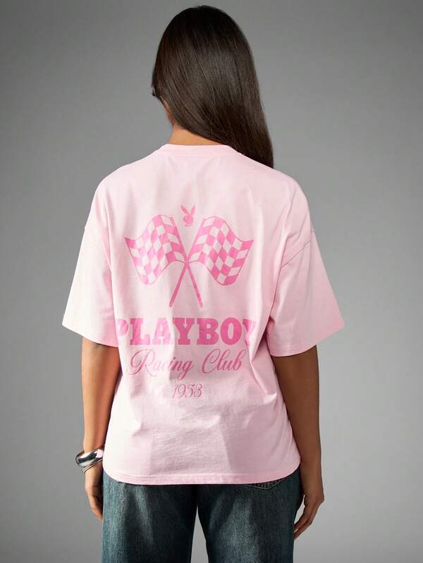 Missguided Missguided X Playboy Racing Club Motorsport Checkered Flag Graphic Oversized Women T-Shirts