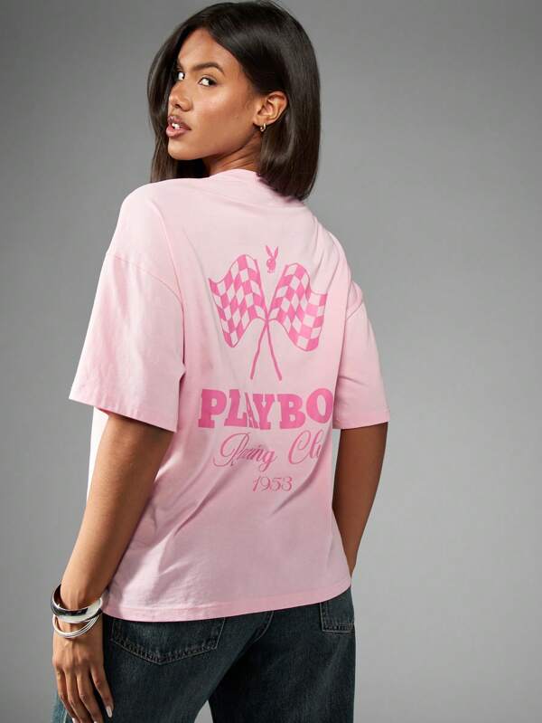 missguided Missguided x Playboy Racing Club Motorsport Checkered Flag Graphic Oversized Women T-Shirts