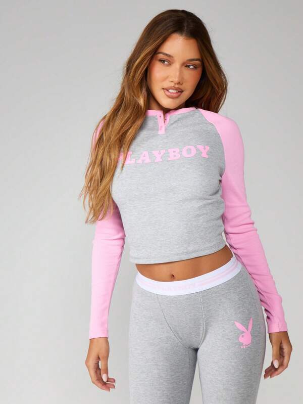 Missguided Missguided X Playboy Raglan Lounge Set With Long Sleeves