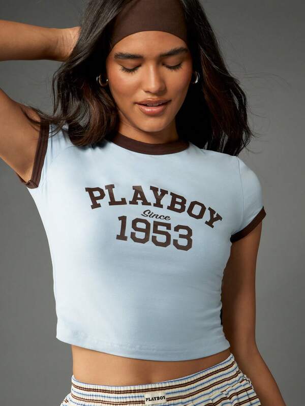missguided Missguided x Playboy Retro Baby Tee With Contrast Brown Trim And Varsity Print