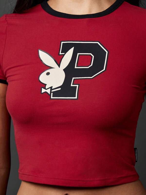missguided Missguided x Playboy Retro Baby Tee With Logo Graphic Print Ringer Style