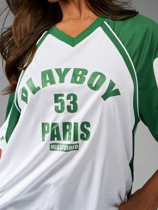Missguided Missguided X Playboy Retro Baseball T-Shirt With V-Neck And Contrast Sleeves