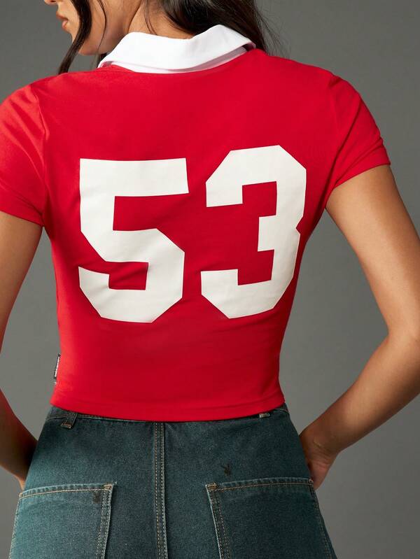 Missguided Missguided X Playboy Retro Collared Rugby Polo Crop Top With Number Print