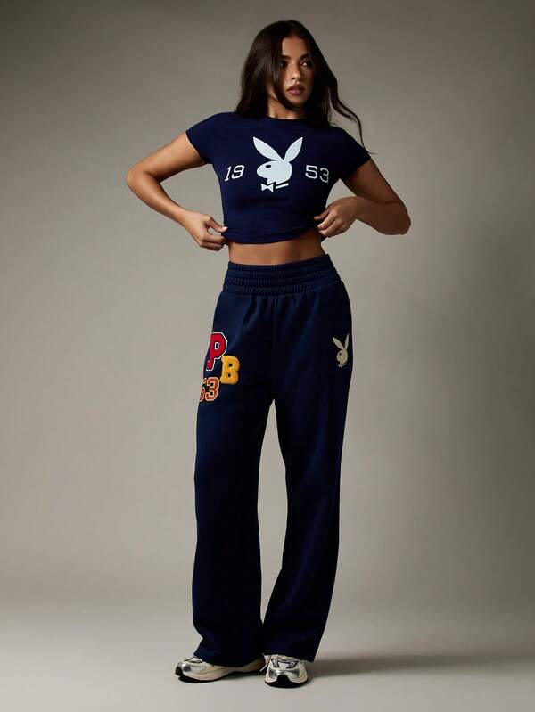 Missguided Missguided X Playboy Retro Collegiate Wide Leg Sweatpants Comfort Loungewear