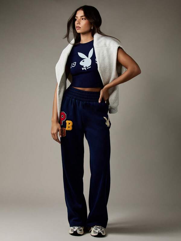 Missguided Missguided X Playboy Retro Collegiate Wide Leg Sweatpants Comfort Loungewear