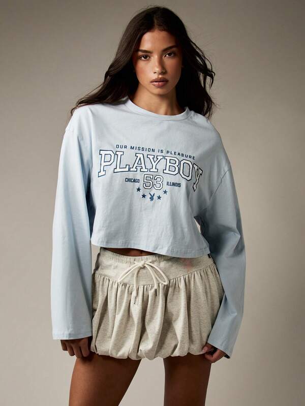 Missguided Missguided X Playboy Retro Graphic Crop Top With Long Sleeves And College Text