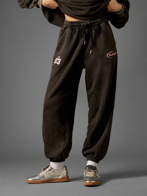 missguided Missguided x Playboy Retro Graphic Print Joggers With Elastic Cuffs