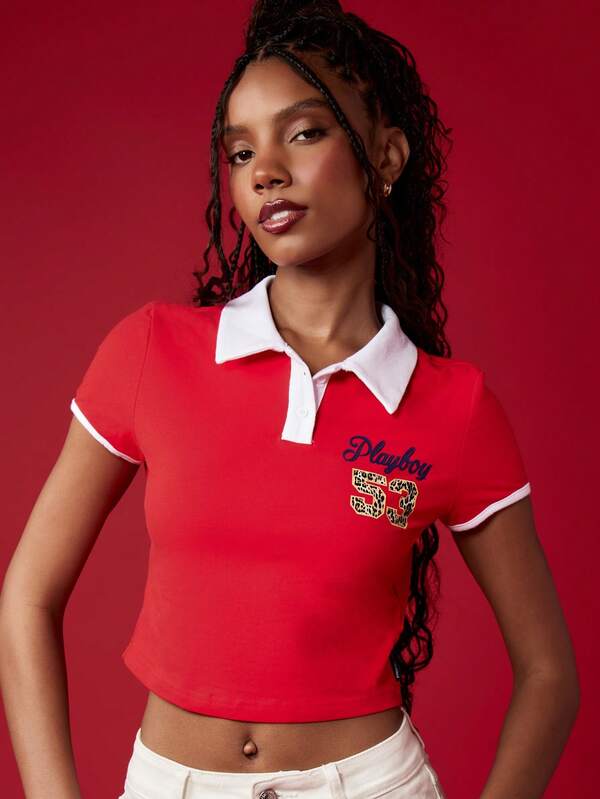 Missguided Missguided X Playboy Retro Inspired Polo Short Sleeve Collared Crop Top
