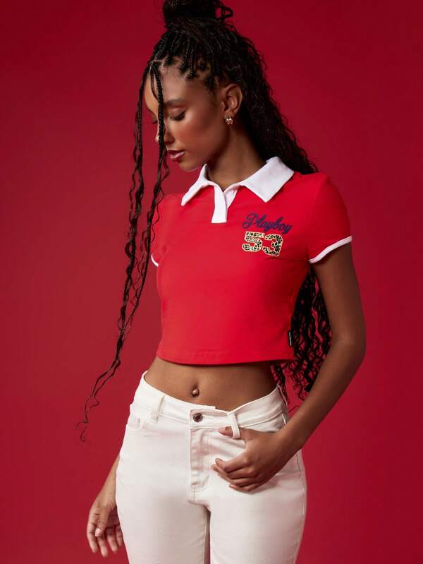 missguided Missguided x Playboy Retro Inspired Polo Short Sleeve Collared Crop Top