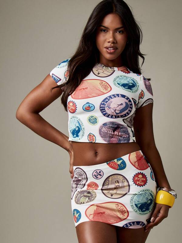 Missguided Missguided X Playboy Retro Label Print Mesh Crop Top And Mini Skirt Set