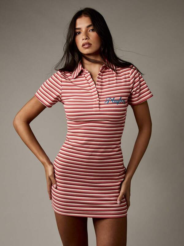 missguided Missguided x Playboy Retro Polo Striped Mini Dress With Collar