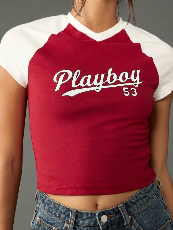 Missguided Missguided X Playboy Retro Raglan Sleeve Crop T Shirt With Varsity Print