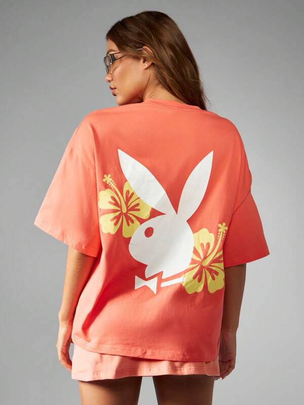 missguided Missguided x Playboy Retro Resort Style Oversized Bunny And Hibiscus Print Casual T-Shirt