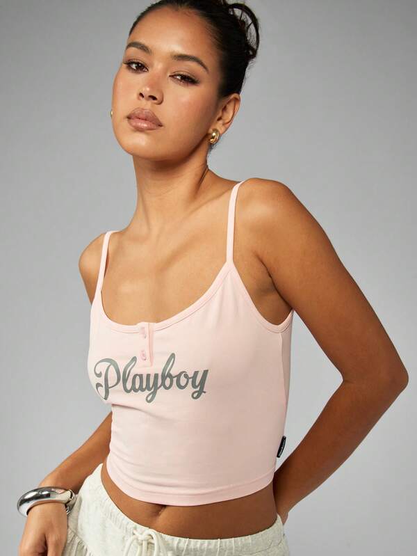 Missguided Missguided X Playboy Retro Style Crop Button Front Tank Top Cami