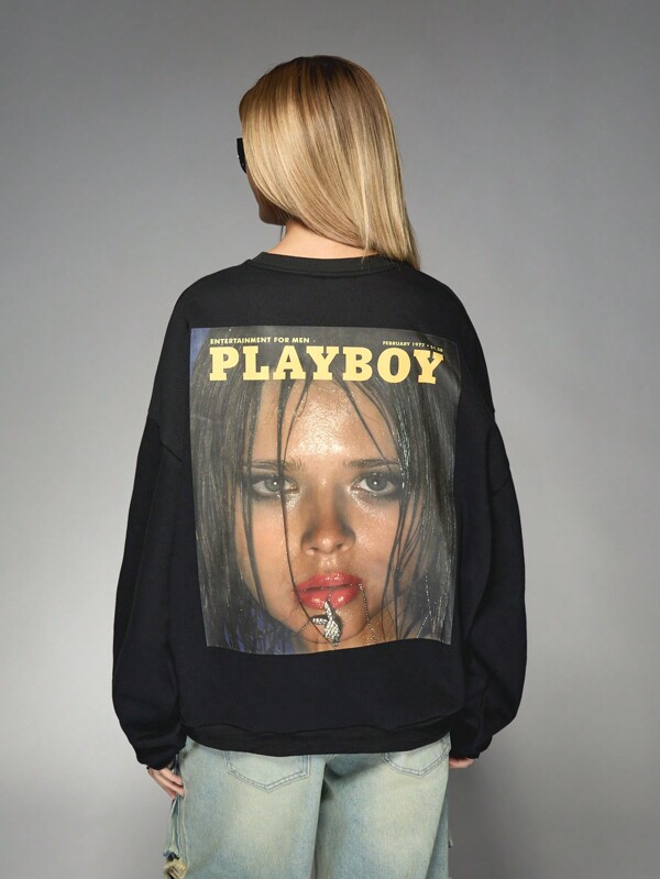 missguided Missguided x Playboy Retro Style Long Sleeve Oversize Magazine Print Sweatshirt