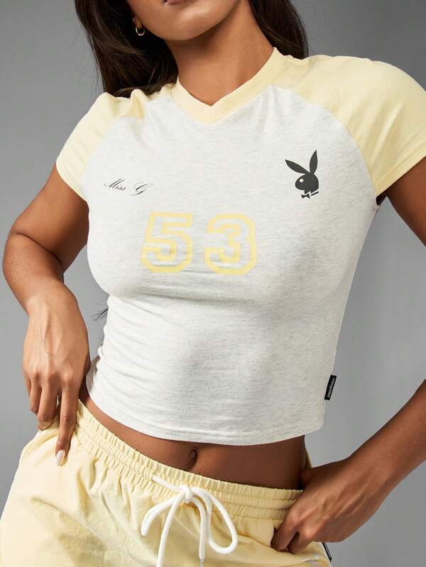 Missguided Missguided X Playboy Retro Varsity Y2K Fitted Crop Top With 53 Logo