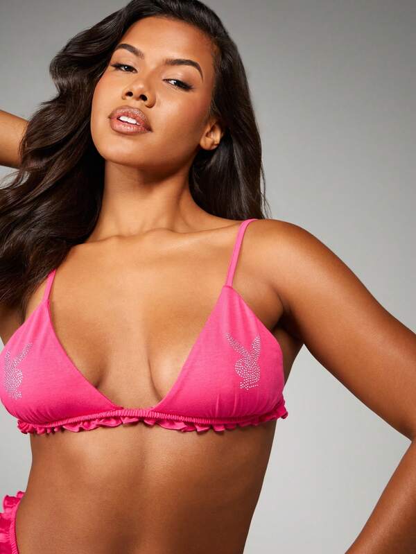Missguided Missguided X Playboy Rhinestone Bralette And Thong With Ruffle Detail