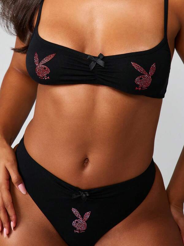 Missguided Missguided X Playboy Rhinestone Bunny Bandeau And Thong Set