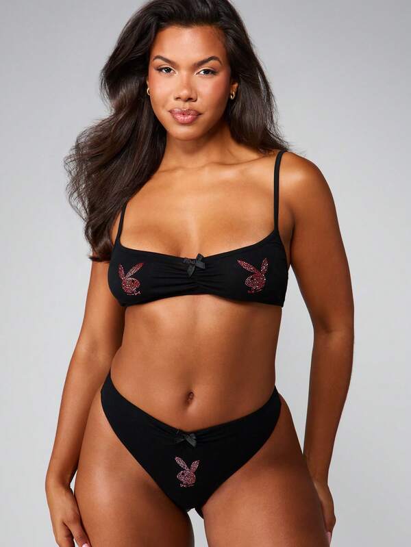missguided Missguided x Playboy Rhinestone Bunny Bandeau And Thong Set