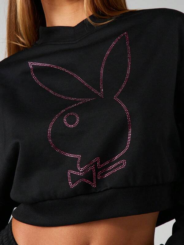 Missguided Missguided X Playboy Rhinestone Bunny Logo Cropped Sweatshirt