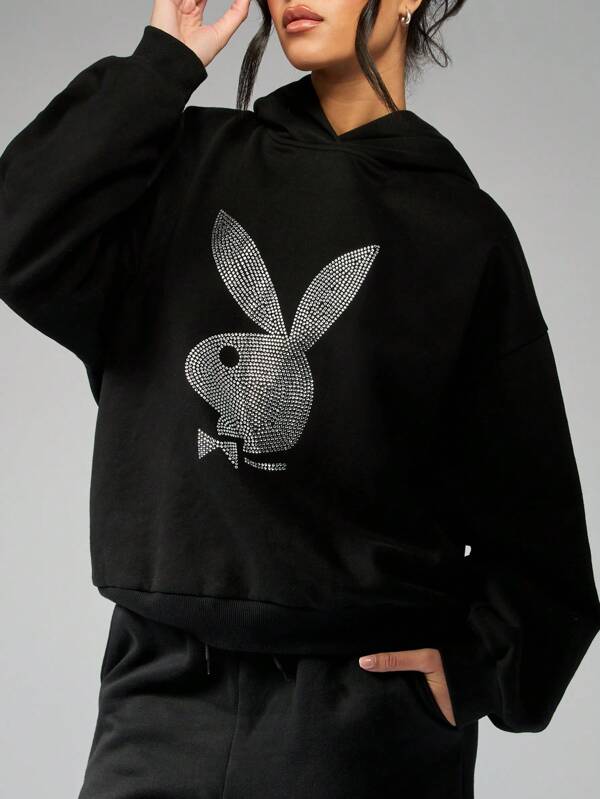 Missguided Missguided X Playboy Rhinestone Bunny Logo Oversized Hoodie Sweatshirt