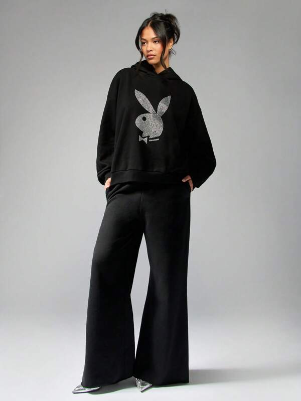 Missguided Missguided X Playboy Rhinestone Bunny Logo Oversized Hoodie Sweatshirt