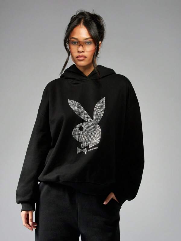 missguided Missguided x Playboy Rhinestone Bunny Logo Oversized Hoodie Sweatshirt