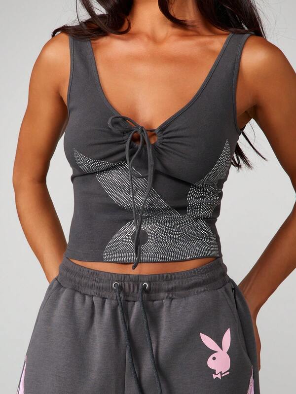 missguided Missguided x Playboy Rhinestone Bunny Tank With Tie Detail