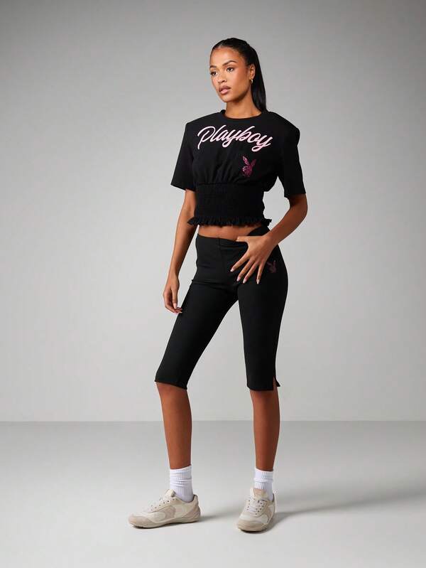 Missguided Missguided X Playboy Rhinestone Capri Leggings With Studded Details