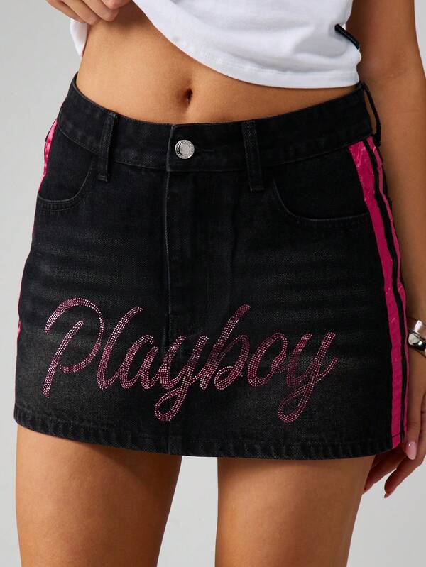 missguided Missguided x Playboy Rhinestone Denim Mini Skirt