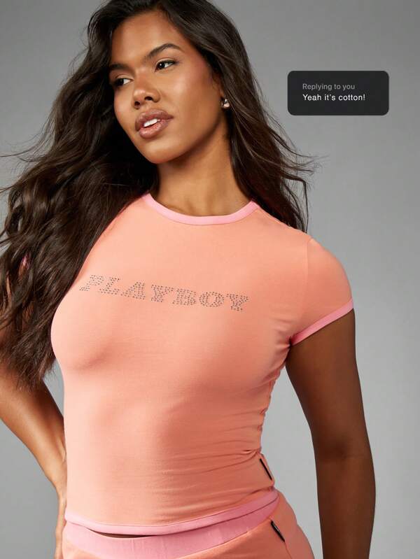 missguided Missguided x Playboy Rhinestone Detail Logo Baby Tee T-Shirt